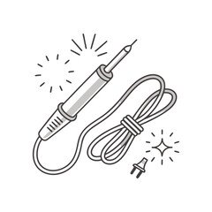 Vector illustration of an electric soldering iron with cord and spark accents in a minimal linear style, symbolizing repair and electronics work.
