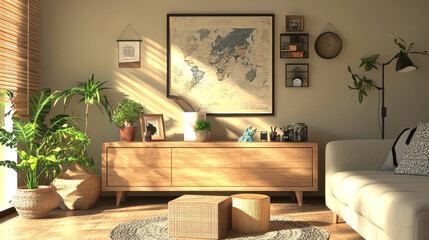 Design scandinavian home interior of living room with mock up poster map, stylish wooden commode, sofa, cube, plant in pot and elegant accessories. Beige wall. Modern home staging. Template. Japandi