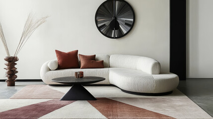 Contemporary living room with geometric rug, round sofa, and decorative wall fan.


