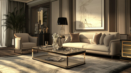 Interior design of modern living room interior with mock up poster frame, stylish sofa, glass coffee table, stylish lamp, white armchair, modern sideboard and personal accessories. Home decor Template