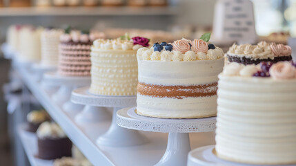 A close-up of assorted cakes lined up at a bakery counter, showing texture and variety
