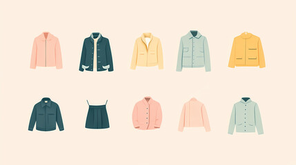 Minimalist clothing icons set in pastel colors - flat vector apparel illustrations. Worn Pictographs. Illustration