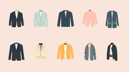 Minimalist clothing icons set in pastel colors - flat vector apparel illustrations. Worn Pictographs. Illustration