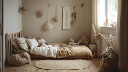 Creative composition of cozy scandinavian child's room interior with wooden bed, plush and wooden toys and textile hanging decorations. Neutral creative wall, carpet on the parquet floor. Template. 