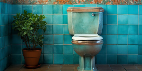  Modern bathroom with a ceramic toilet and toilet paper.