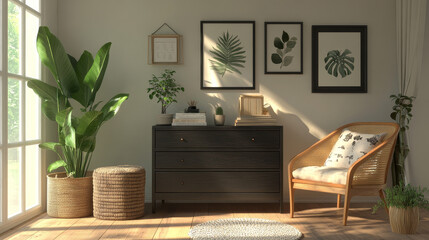 Stylish scandinavian composition of living room with design commode, black mock up poster frames, armchair, wooden stool, book, decoration, plants and personal accessories in modern home decor.