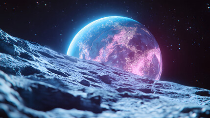 Cosmic Landscape: Earthrise from a lunar surface, vibrant neon hues illuminate the celestial scene, offering a futuristic and breathtaking view of our planet.