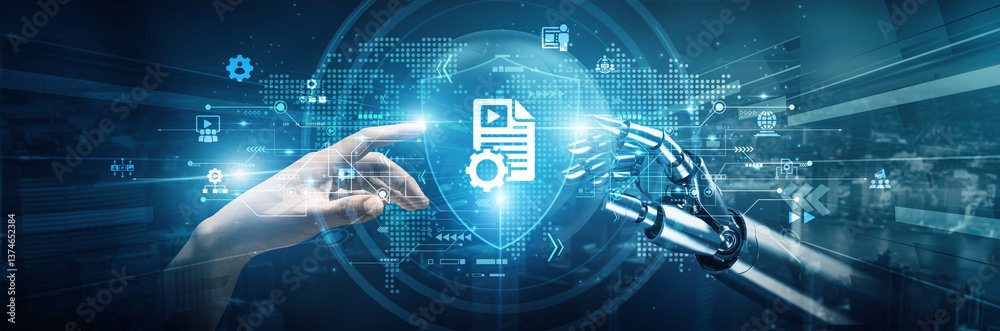 Poster hands of robot and human touch on content management represent collaboration in organizing informati