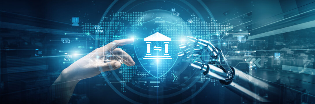 Hands of robot and human touch on Banking enhance fraud detection streamline customer service automate compliance improve auditing processes Optimize account management and personalize lending.