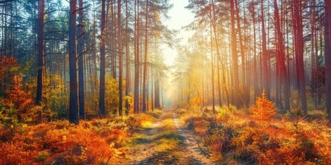 Fototapeta premium Autumn nature landscape sunny forest beautiful colorful trees woodland sunlight, colourful foliage gold ray vibrant.