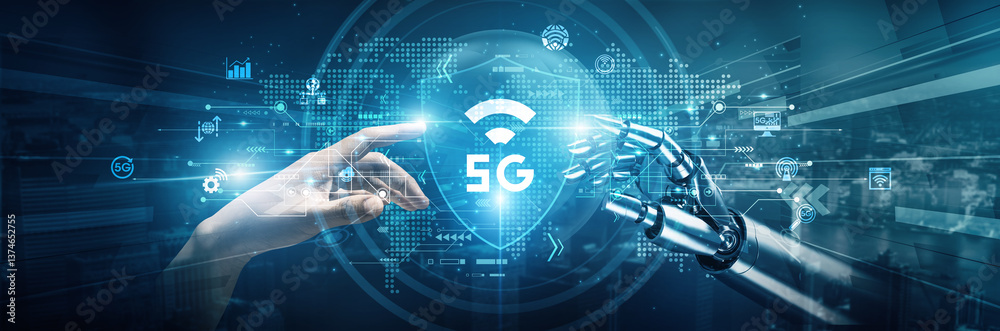 Poster hands of robots and human touch on 5g technology signify collaboration in industrial automation. 5g 