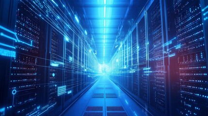 Massive AI Driven Data Center with Glowing Server Racks and Processing