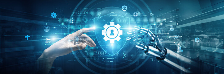 Hands of robots and human touch on access management signify collaboration in securing resources....