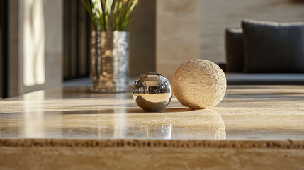 Close-up of a travertine coffee table with organic decor. Sculptural ceramics and a reflective metal accent add sophistication to the neutral setting.