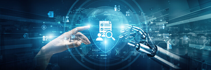 Hands of robots and human touch on assessment enhance accuracy improve efficiency optimize data collection strengthen decision-making boost reliability automate analysis drive innovation, and support.