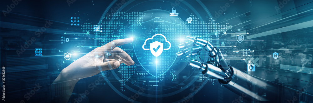 Poster hands of robots and human touch on cloud security represent collaboration in protecting data. cloud 