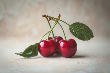 Cherries Entangled with Stems and Leaves on a Soft Background