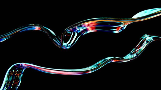 Two mirror ribbons in cinematic colors flowing on black background looped animation
