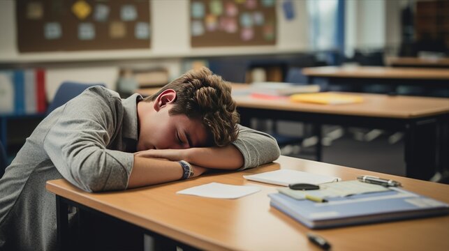 Fatigued high school student snoozing on a messy desk in a well lit classroom, surrounded by school materials and distractions