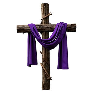 A rustic wooden cross draped with purple cloth against a stark black background in a somber setting