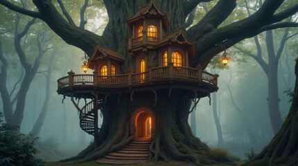 Fototapeta premium A breathtaking fantasy treehouse with spiral staircases and glowing windows, built into a giant tree, surrounded by misty forest scenery for a magical effect.