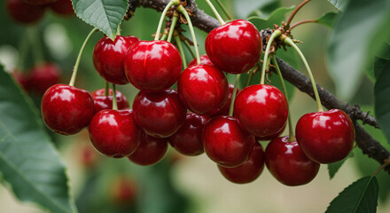 Ripe cherries hanging on tree branches in a fresh garden  