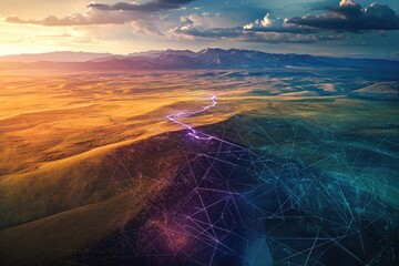 Sunset over a vast, mountainous landscape with overlaid network lines, suggesting connectivity across distances.
