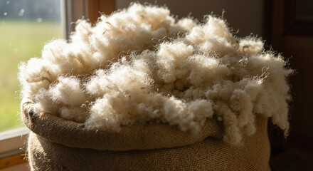 Raw wool in a burlap sack against a sunny window background  