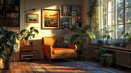Fototapeta premium Contemporary lounge with a plush armchair, abstract art, and fresh greenery. A perfect spot for quiet moments. Home decor.