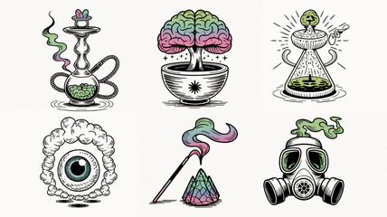 6 Esoteric Psychedelic Tattoo Designs with Mushrooms, Hookah, and Surreal Elements in Neon Colors