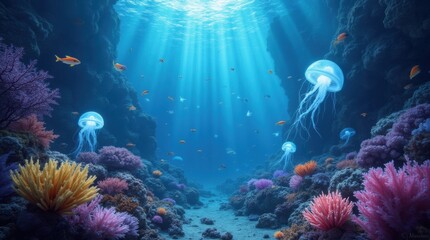 Obraz premium Glowing jellyfish drift through a vibrant coral reef, surrounded by bioluminescent fish in an ethereal underwater scene with surreal lighting.