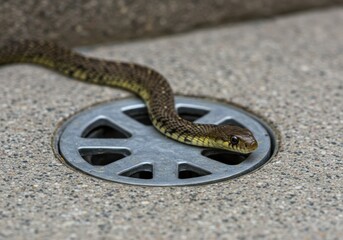 Snake emerging from metal drain in urban environment