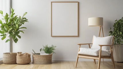 Stylish scandinavian living room interior with modern wooden commode, black rattan basket, table lamp, tropical plant and elegant personal accessories. Mock up photo frame on the wall. Template. 