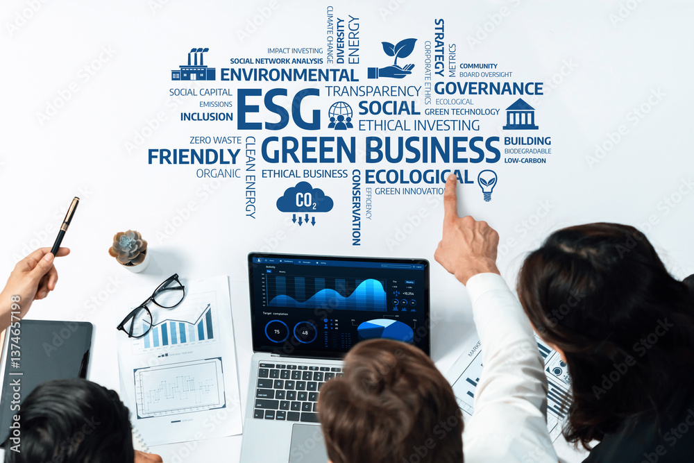 Aufkleber a collaborative team analyzes data related to green business practices, focusing on esg initiatives 