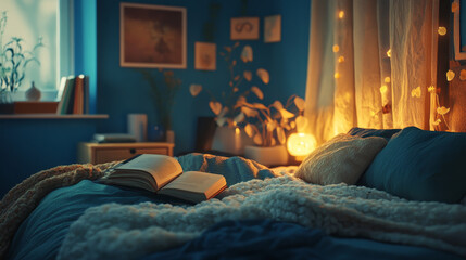 A cozy bedroom with layered blue textiles, an open book, and soft lighting. A tactile mix of fabrics and modern decor details enhance the warm, inviting feel.