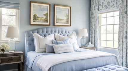 A cozy bedroom with a ribbed blue headboard, layered textiles, and abstract wall art in soft, earthy tones.