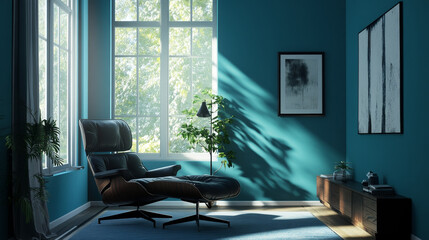 A contemporary interior with muted blue walls, sculptural accents, and a sleek black chair. A blend of modern design and warm details for a stylish, minimalist setting.