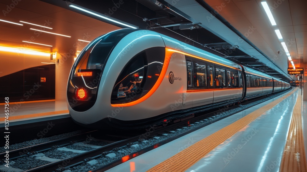 Poster a sleek, automated subway train stands ready for passengers at a modern urban transit station. brigh