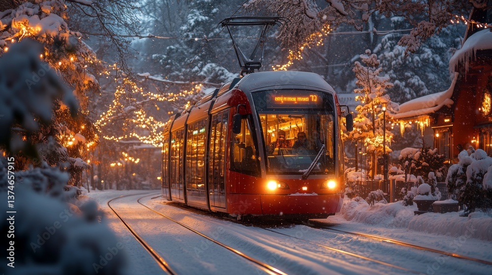 Poster a red tram travels along tracks lined with snow, illuminated by twinkling lights in a winter urban l