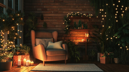 Naklejka premium Festive seating nook with a cozy chair, adorned with holiday decor, candles, and a touch of greenery. Perfect for a warm, inviting Christmas setting.
