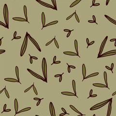 Green floral seamless pattern. Drawing of leaves of plants. Illustration of cute green leaves
