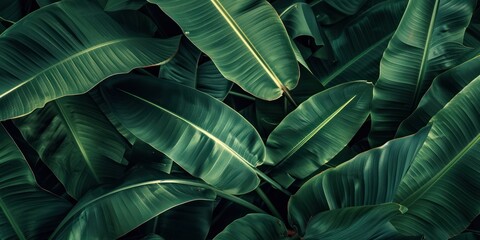 Close up of large leaves banana dark green.