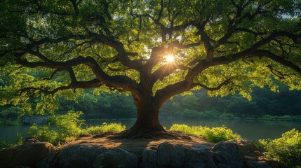 Fototapeta premium Beneath the Radiant Glow of a Banzai Tree, Nature Flourishes in Serene Harmony with the Surroundings