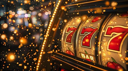 Digital slot machine screen displays jackpot alert and winning symbols. Generative AI