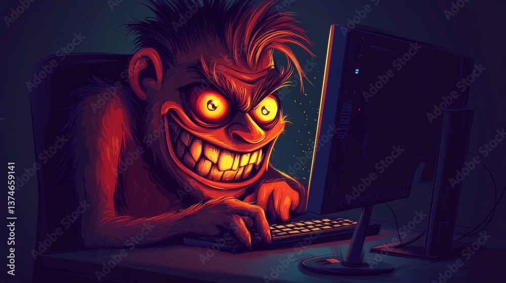 Wall mural sinister cartoon hacker or cyber troll smirking while working on a computer – vector illustration on