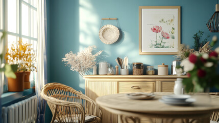 Warm and cozy dining room and kitchen interior with mock up poster frame, round table, rattan chair, beige commode, blue wall, vase with flowers and kitchen accessories. Home decor. Template.