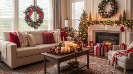 Cozy and stylish christmas living room interior with  christmas wreath, wooden console with spruce, stylish candlestick, balls, gifts, decoration and accessories. Santa claus is coming. Template.