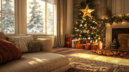 Cozy holiday nook with soft textures, festive decorations, and a golden star. A peaceful corner ready for seasonal relaxation.