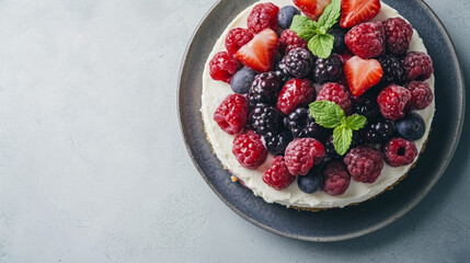 Fresh berry-topped homemade cheesecake with mint garnish--an organic, summer-inspired dessert