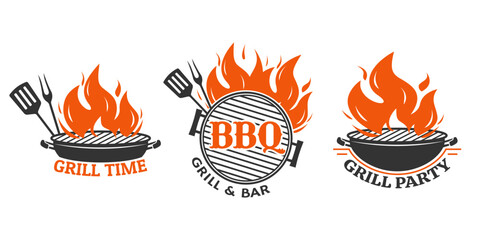 BBQ icon or logo set. BBQ, barbecue signs or emblems with fire flame. Meat restaurant label. Vector illustration.